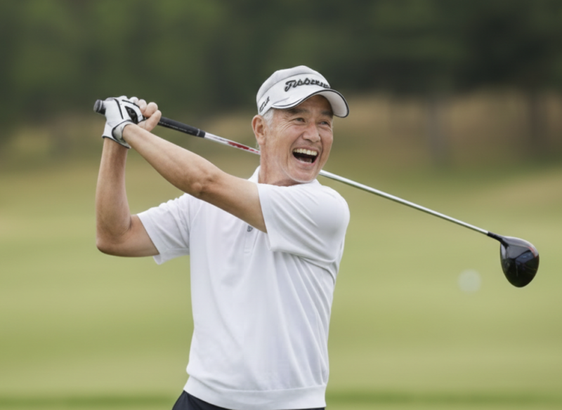 ゴルフをするシニア男性